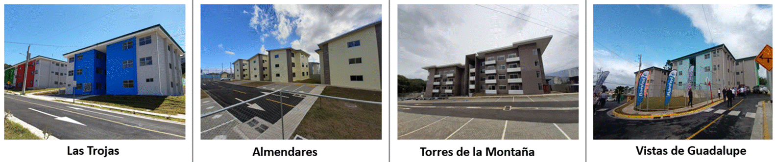 Fotografías de los condominios: Las Trojas, Almendares, Torres de la Montaña y Vistas de Guadalupe.